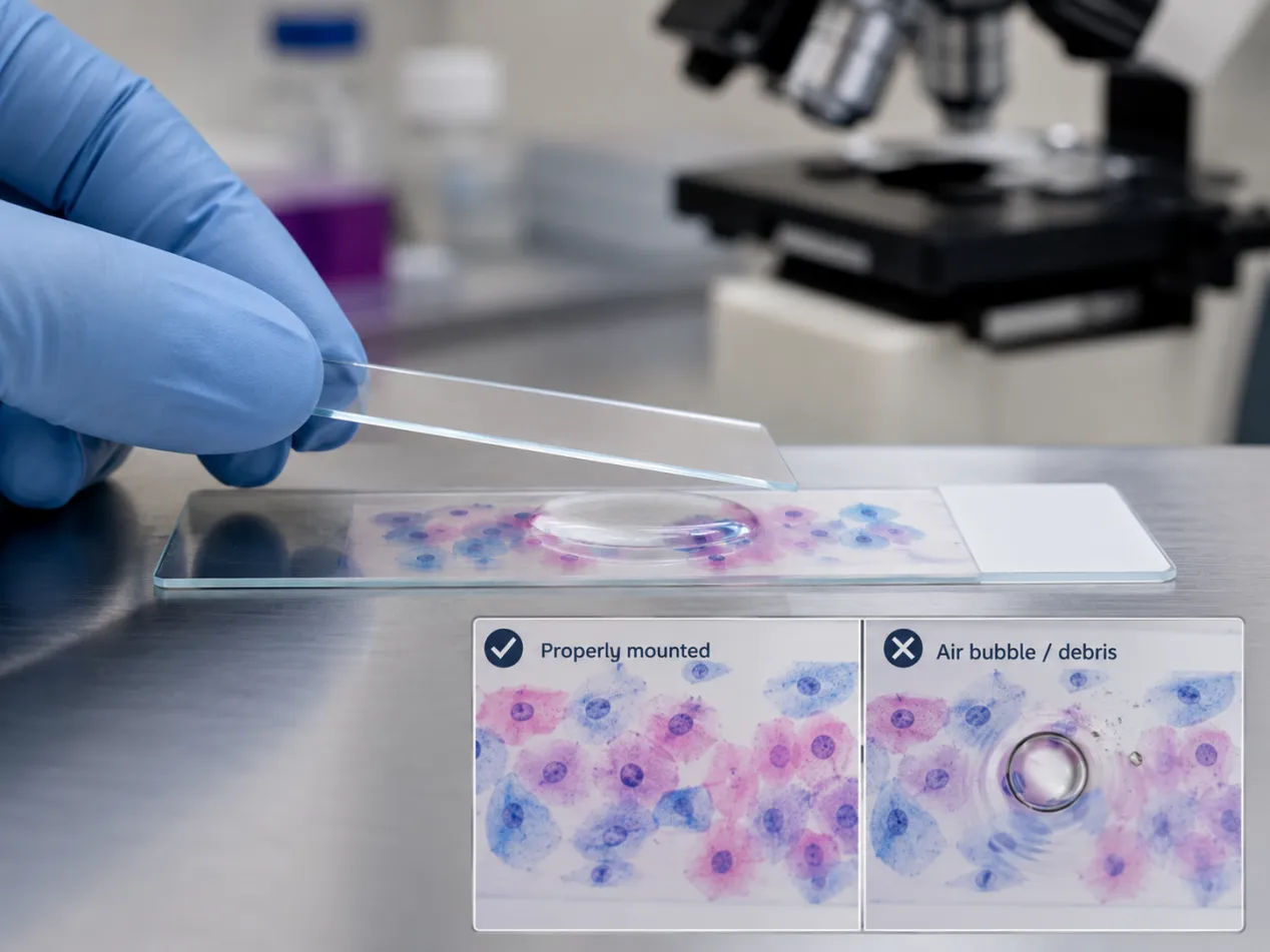 Cytology slide mounting with cover glass, showing proper mounting versus air bubbles and debris
