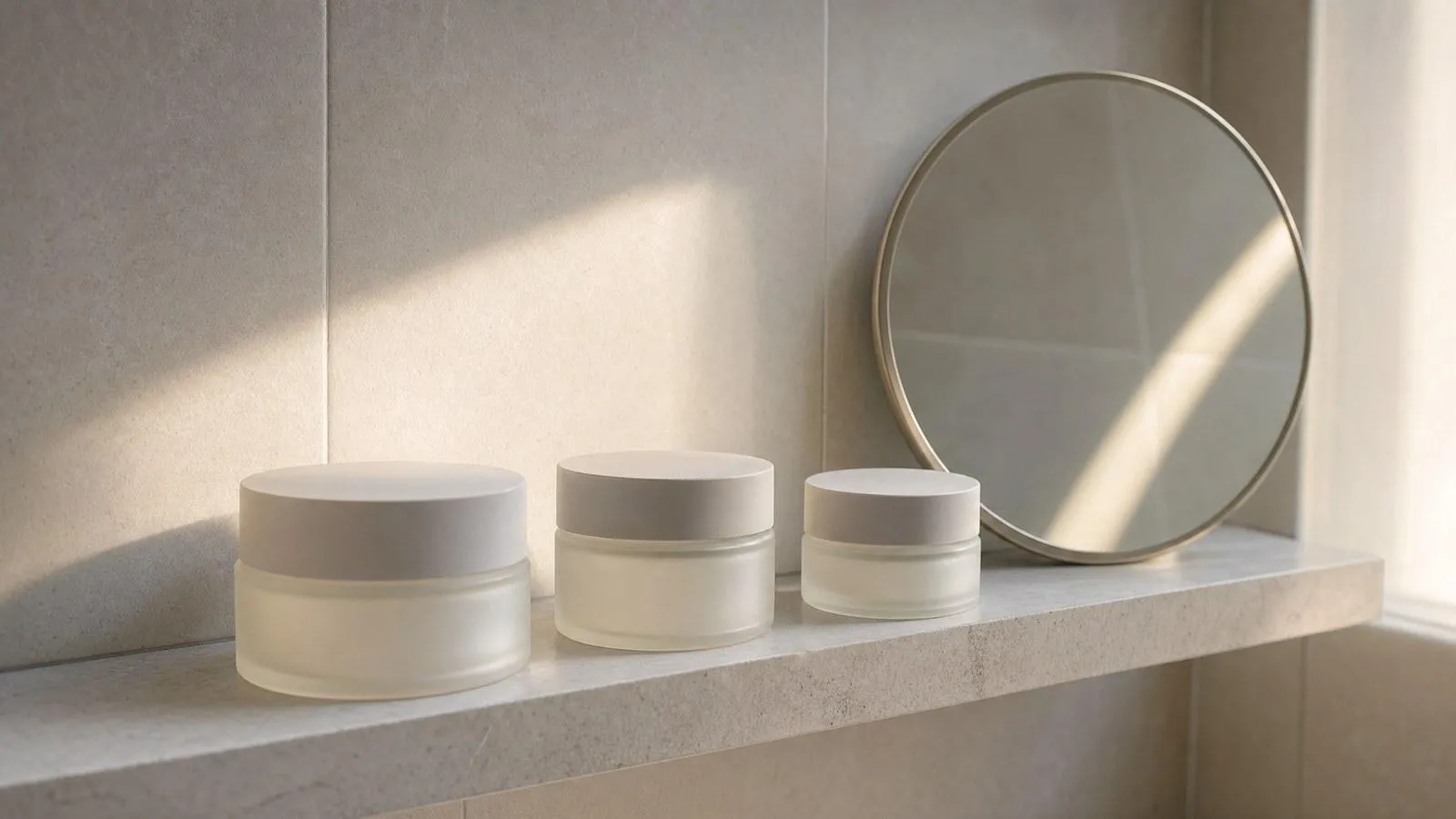 Close crop of a bathroom shelf at eye level with three unlabelled skincare jars, a small mirror and morning light falling across it.